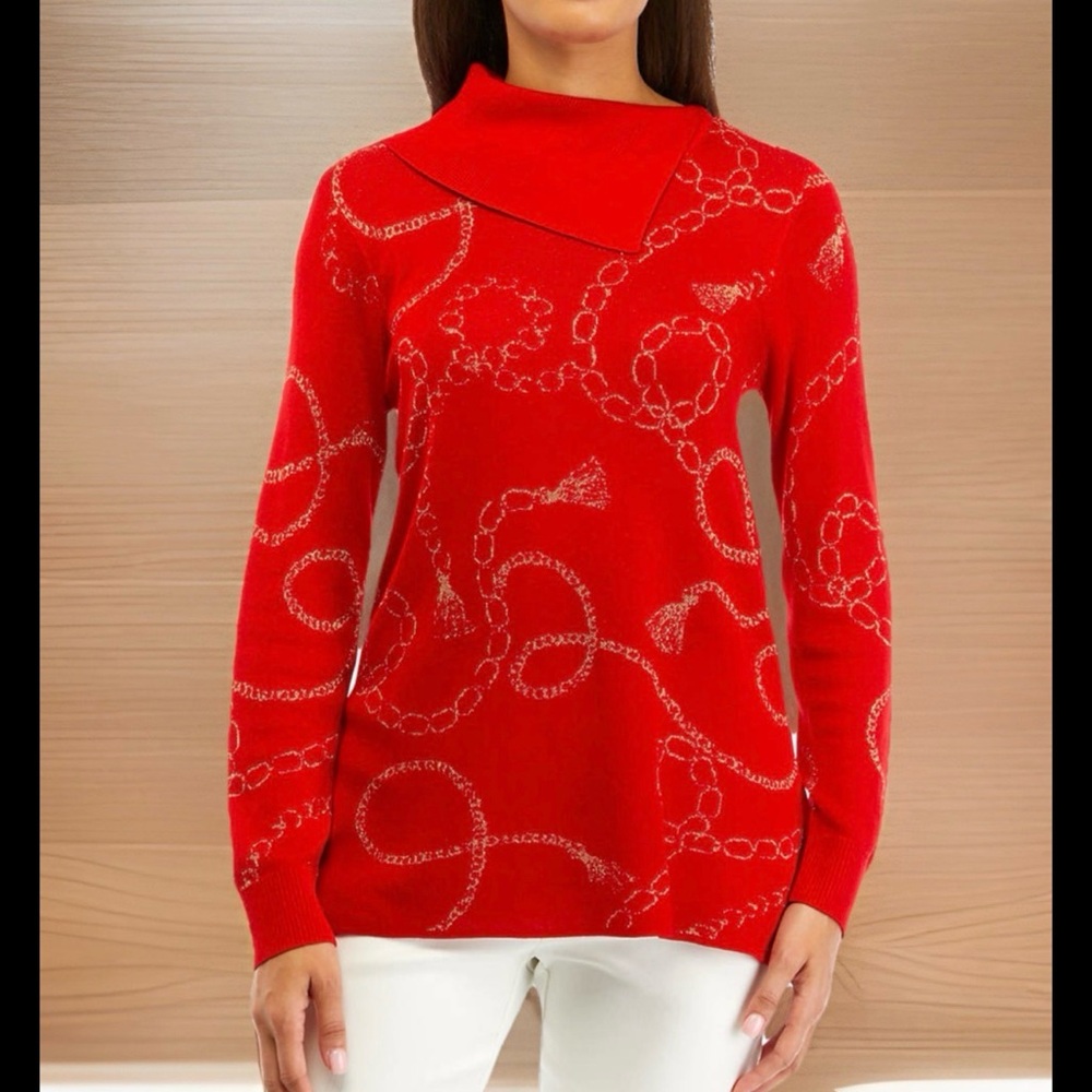 NWT Ruby Rd Women's Metallic Chain Print Split Cowl Pullover Sweater-Lipstick-XL